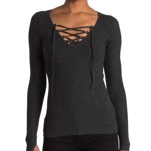 All Saints XS Tamsin Lace Up Grey Ribbed Sweater